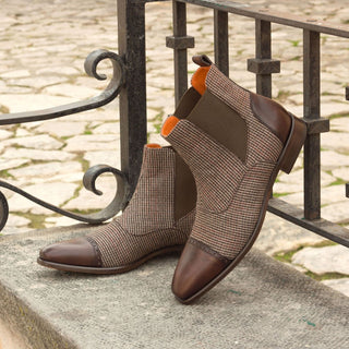 Ambrogio 2641 Bespoke Custom Men's Shoes Beige & Dark Brown Fabric / Calf-Skin Leather Chelsea Boots (AMB1783)-AmbrogioShoes
