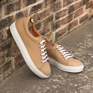 Ambrogio 3590 Bespoke Custom Men's Shoes Beige Pebble Grain Calf-Skin Leather Casual Trainer Sneakers (AMB1350)-AmbrogioShoes