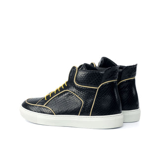 Ambrogio 4543 Bespoke Custom Men's Shoes Black & Beige Exotic Snake-Skin / Calf-Skin Leather High-Top Sneakers (AMB1790)-AmbrogioShoes