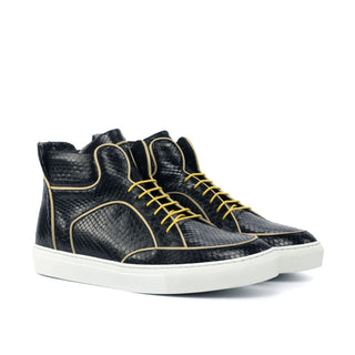 Ambrogio Bespoke Men's Handmade Custom Shoes Black & Beige Exotic Snake-Skin / Calf-Skin Leather High-Top Sneakers (AMB1790)-AmbrogioShoes