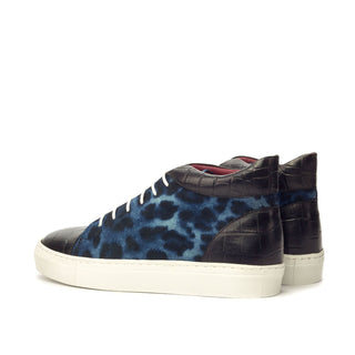 Ambrogio 3424 Bespoke Custom Men's Shoes Black & Blue Fabric / Crocodile Print / Calf-Skin Leather High-Top Sneakers (AMB1711)-AmbrogioShoes