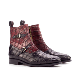 Ambrogio 4640 Bespoke Custom Men's Shoes Black & Burgundy Crocodile Print / Calf-Skin Leather Buckle Boots (AMB1826)-AmbrogioShoes