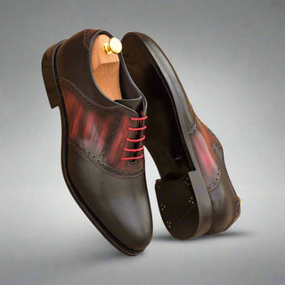 Ambrogio 3927 Bespoke Custom Men's Shoes Black & Burgundy Patina / Calf-Skin Leather Saddle Oxfords (AMB1330)-AmbrogioShoes