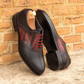 Ambrogio 3927 Bespoke Custom Men's Shoes Black & Burgundy Patina / Calf-Skin Leather Saddle Oxfords (AMB1330)-AmbrogioShoes