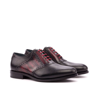 Ambrogio 3927 Bespoke Custom Men's Shoes Black & Burgundy Patina / Calf-Skin Leather Saddle Oxfords (AMB1330)-AmbrogioShoes