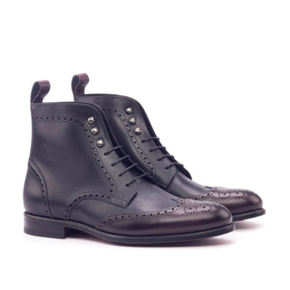 Ambrogio 3089 Bespoke Custom Men's Shoes Black & Burgundy Polished / Calf-Skin Leather Military Brogue Boots (AMB1447)-AmbrogioShoes