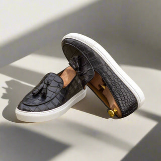 Ambrogio 4590 Bespoke Custom Men's Shoes Black Crocodile Print / Calf-Skin Leather Belgian Sneakers (AMB1842)-AmbrogioShoes