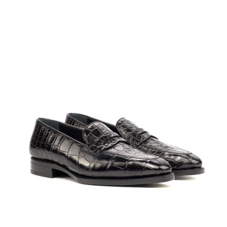 Ambrogio 4473 Bespoke Custom Men's Shoes Black Exotic Alligator / Calf-Skin Leather Loafers (AMB1741)-AmbrogioShoes