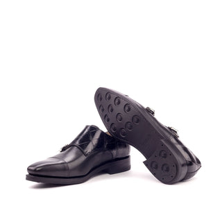 Ambrogio 3314 Bespoke Custom Men's Shoes Black Exotic Alligator / Calf-Skin Leather Monk-Straps Loafers (AMB1422)-AmbrogioShoes
