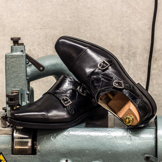 Ambrogio 3314 Bespoke Custom Men's Shoes Black Exotic Alligator / Calf-Skin Leather Monk-Straps Loafers (AMB1422)-AmbrogioShoes
