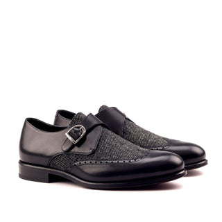 Ambrogio 2539 Bespoke Custom Men's Shoes Black Fabric / Calf-Skin Leather Monk-Strap Loafers (AMB1435)-AmbrogioShoes