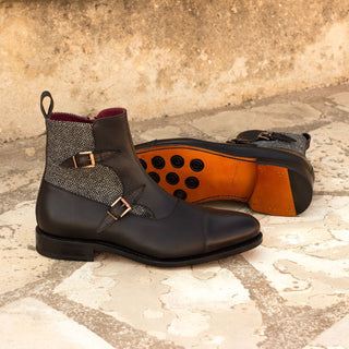 Ambrogio 3540 Bespoke Custom Men's Shoes Black Fabric / Crocodile Print /Pebble Grain / Calf-Skin Leather Octavian Boots (AMB1454)-AmbrogioShoes