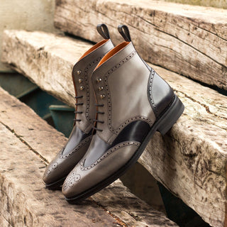 Ambrogio 3957 Bespoke Custom Men's Shoes Black & Gray Calf-Skin Leather Military Brogue Boots(AMB1401)-AmbrogioShoes