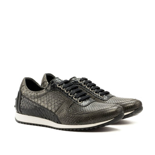 Ambrogio 3496 Bespoke Custom Men's Shoes Black & Gray Exotic Snake-Skin / Calf-Skin Leather Corsini Casual Sneakers (AMB1600)-AmbrogioShoes