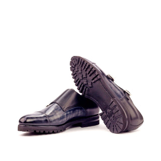 Ambrogio 3399 Bespoke Custom Men's Shoes Black & Gray Patina / Calf-Skin Leather Monk-Straps Loafers (AMB1404)-AmbrogioShoes