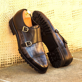 Ambrogio 3399 Bespoke Custom Men's Shoes Black & Gray Patina / Calf-Skin Leather Monk-Straps Loafers (AMB1404)-AmbrogioShoes