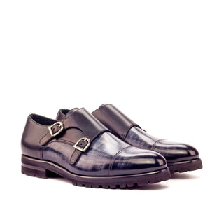 Ambrogio 3399 Bespoke Custom Men's Shoes Black & Gray Patina / Calf-Skin Leather Monk-Straps Loafers (AMB1404)-AmbrogioShoes