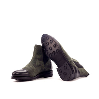 Ambrogio 3291 Bespoke Custom Men's Shoes Black & Green Fabric / Calf-Skin Leather Chelsea Boots (AMB1440)-AmbrogioShoes