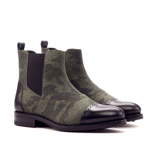 Ambrogio 3291 Bespoke Custom Men's Shoes Black & Green Fabric / Calf-Skin Leather Chelsea Boots (AMB1440)-AmbrogioShoes