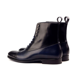 Ambrogio 2584 Bespoke Custom Men's Shoes Black & Navy Calf-Skin Leather Balmoral Boots AMB1734)-AmbrogioShoes