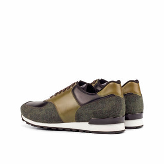 Ambrogio 4600 Bespoke Custom Men's Shoes Black & Olive Fabric / Polished / Calf-Skin Leather Jogger Sneakers (AMB1855)-AmbrogioShoes