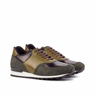 Ambrogio 4600 Bespoke Custom Men's Shoes Black & Olive Fabric / Polished / Calf-Skin Leather Jogger Sneakers (AMB1855)-AmbrogioShoes