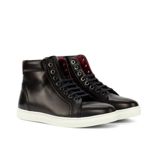 Ambrogio 4400 Bespoke Custom Men's Shoes Black & Red Calf-Skin Leather High-Top Casual Sneakers (AMB1603)-AmbrogioShoes