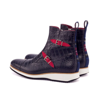 Ambrogio 3165 Bespoke Custom Men's Shoes Black & Red Crocodile Print / Fabric / Suede / Calf-Skin Leather Ocatvian Boots (AMB1331)-AmbrogioShoes
