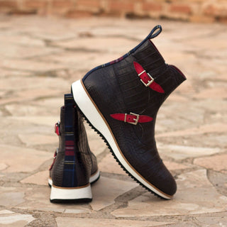 Ambrogio 3165 Bespoke Custom Men's Shoes Black & Red Crocodile Print / Fabric / Suede / Calf-Skin Leather Ocatvian Boots (AMB1331)-AmbrogioShoes