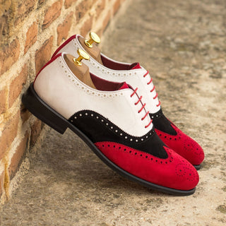 Ambrogio 4436 Bespoke Custom Men's Shoes Black, Red & White Suede Leather Full Brogue Oxfords (AMB1718)-AmbrogioShoes