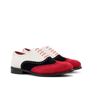 Ambrogio 4436 Bespoke Custom Men's Shoes Black, Red & White Suede Leather Full Brogue Oxfords (AMB1718)-AmbrogioShoes