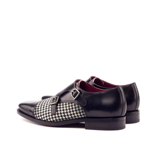 Ambrogio 3382 Bespoke Custom Men's Shoes Black & White Fabric / Polished Calf-Skin Leather Monk-Straps Loafers (AMB1332)-AmbrogioShoes