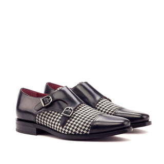Ambrogio 3382 Bespoke Custom Men's Shoes Black & White Fabric / Polished Calf-Skin Leather Monk-Straps Loafers (AMB1332)-AmbrogioShoes