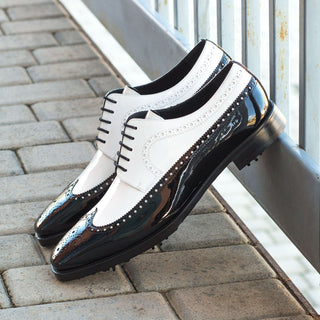 Ambrogio 3923 Bespoke Custom Men's Shoes Black & White Patent Leather Longwing Blucher Golf Oxfords (AMB1395)-AmbrogioShoes
