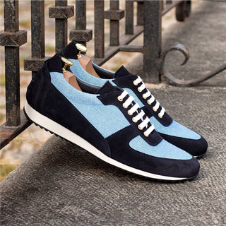 Ambrogio 4182 Bespoke Custom Men's Shoes Blue & Navy Linen / Suede Leather Corsini Casual Sneakers (AMB1597)-AmbrogioShoes