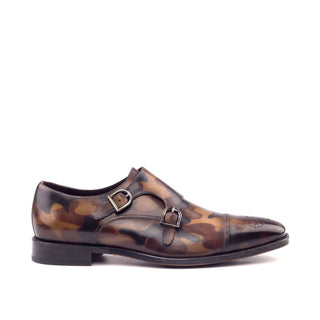 Ambrogio 2655 Bespoke Custom Men's Shoes Brown Camo Patina Leather Monk-Straps Loafers (AMB1751)-AmbrogioShoes