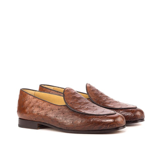Ambrogio 4615 Bespoke Custom Men's Shoes Brown Exotic Ostrich / Calf-Skin Leather Belgian Loafers (AMB1814)-AmbrogioShoes