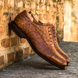 Ambrogio 3312 Bespoke Custom Men's Shoes Brown Exotic Ostrich Cap-Toe Oxfords (AMB1349)-AmbrogioShoes