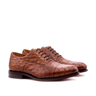 Ambrogio 3312 Bespoke Custom Men's Shoes Brown Exotic Ostrich Cap-Toe Oxfords (AMB1349)-AmbrogioShoes