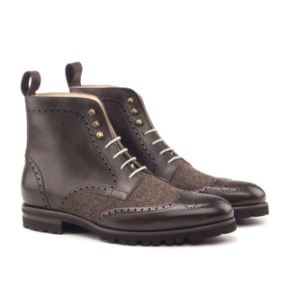 Ambrogio 2883 Bespoke Custom Men's Shoes Brown Fabric / Calf-Skin Leather Military Brogue Boots (AMB1387)-AmbrogioShoes