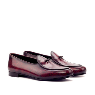 Ambrogio 3389 Bespoke Custom Men's Shoes Burgundy & Brown Patina Leather Belgian Slipper Loafers (AMB1334)-AmbrogioShoes