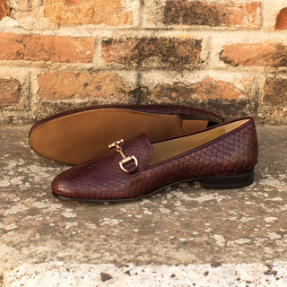 Ambrogio 3660 Bespoke Custom Men's Shoes Burgundy Exotic Snake-Skin / Calf-Skin Leather Horsebit loafers (AMB1424)-AmbrogioShoes