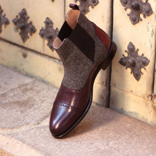 Ambrogio 1505 Bespoke Custom Men's Shoes Burgundy & Gray Fabric / Calf-Skin Leather Chelsea Boots (AMB1536)-AmbrogioShoes