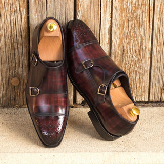 Ambrogio 3800 Bespoke Custom Men's Shoes Burgundy Patina Leather Monk-Straps Loafers (AMB1373)-AmbrogioShoes