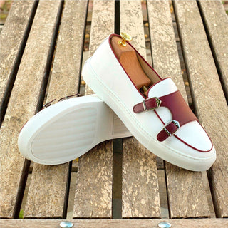 Ambrogio 4181 Bespoke Custom Men's Shoes Burgundy & White Calf-Skin Leather Monk-Straps Sneakers (AMB1486)-AmbrogioShoes