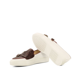 Ambrogio 4281 Bespoke Custom Men's Shoes Burgundy & White Exotic Snake-Skin / Calf-Skin Leather Monk-Straps Sneakers (AMB1730)-AmbrogioShoes