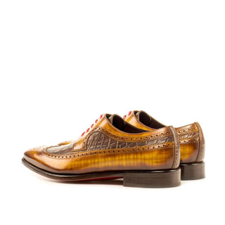 Ambrogio 3786 Bespoke Custom Men's Shoes Cognac & Brown Crocodile Print / Patina Leather Longwing Blucher Oxfords (AMB1376)-AmbrogioShoes