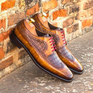 Ambrogio 3786 Bespoke Custom Men's Shoes Cognac & Brown Crocodile Print / Patina Leather Longwing Blucher Oxfords (AMB1376)-AmbrogioShoes