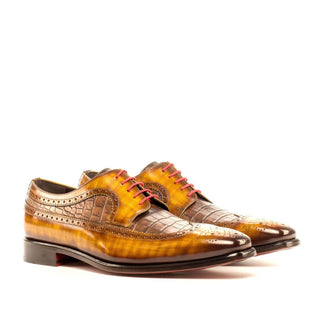 Ambrogio 3786 Bespoke Custom Men's Shoes Cognac & Brown Crocodile Print / Patina Leather Longwing Blucher Oxfords (AMB1376)-AmbrogioShoes