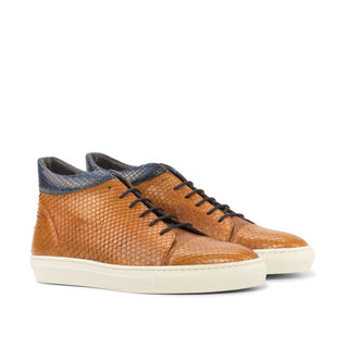 Ambrogio 3902 Bespoke Custom Men's Shoes Cognac & Navy Exotic Snake-Skin Casual High-Top Sneakers (AMB1343)-AmbrogioShoes